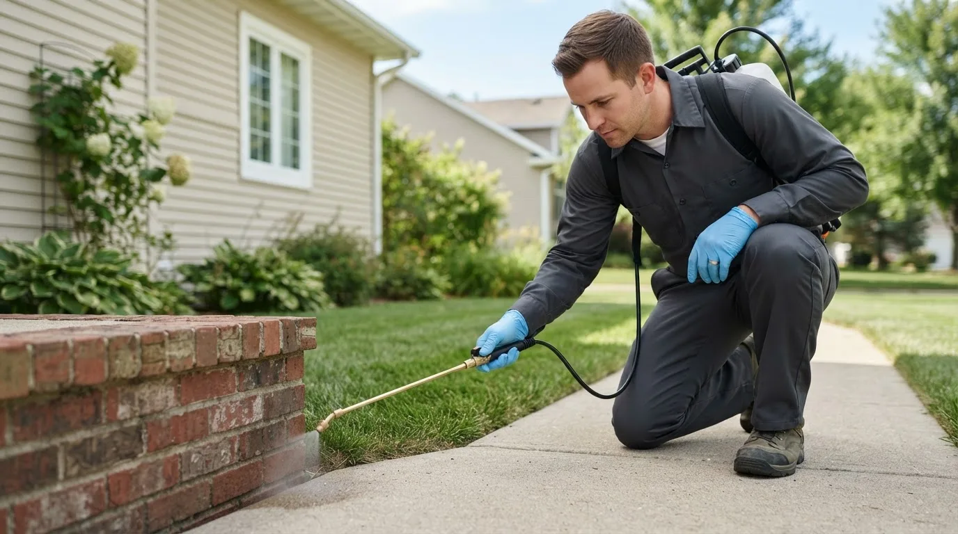 Pest control technician treating a home near Yorktown, IN