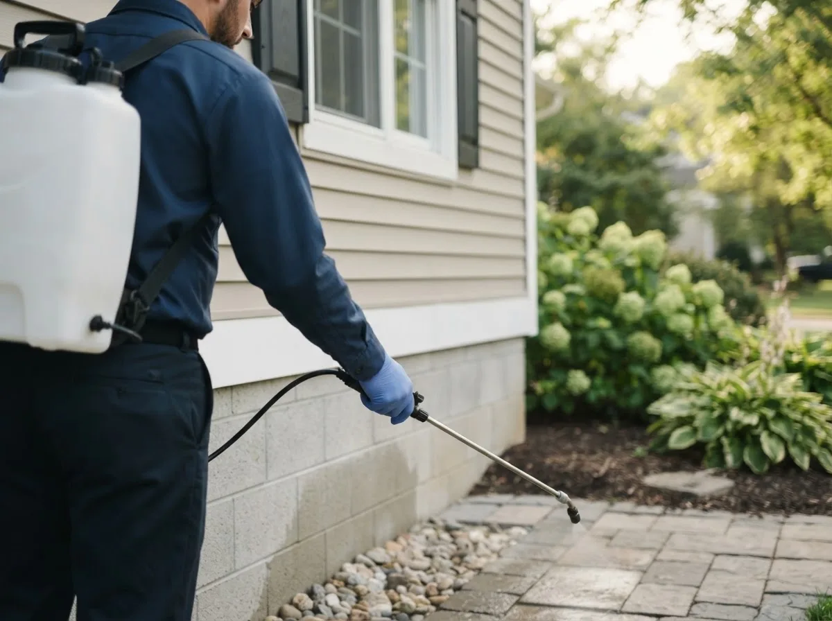 Pest control technician inspecting a home in Yorktown, IN